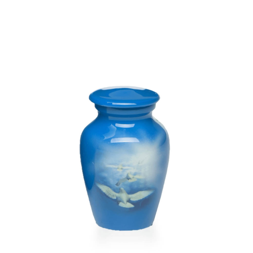 Small Keepsake Cremation Urn For Ashes - Store 3lbs or less - Blue and White Alloy Keepsake Cremation Urn With Doves Design - Keepsake Size - Blue and White - 3 cu. in.