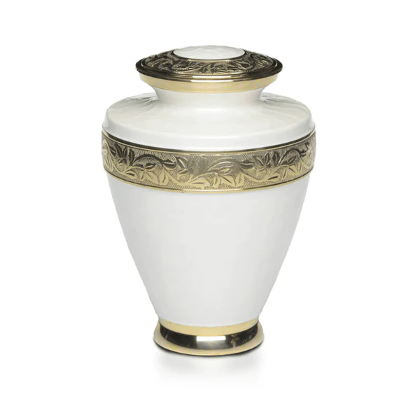 Adult Cremation Urn For Human Ashes - Brass Cremation Urn With Gold Tone Overlay and White Enamel Design - Brass Urn, Adult - 200 cu. in.