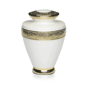 Adult Cremation Urn For Human Ashes - Brass Cremation Urn With Gold Tone Overlay and White Enamel Design - Brass Urn, Adult - 200 cu. in.