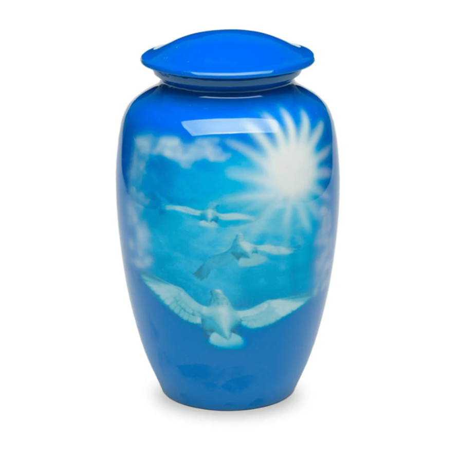 Adult Cremation Urn For Human Ashes - Blue and White Brass Cremation Urn With Doves Design - Adult Size - Blue and White - 220 cu. in.