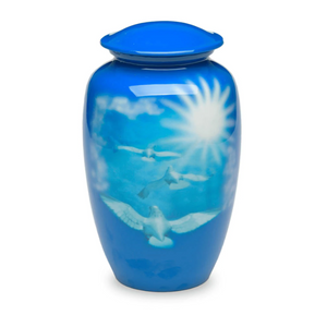 Adult Cremation Urn For Human Ashes - Blue and White Brass Cremation Urn With Doves Design - Adult Size - Blue and White - 220 cu. in.