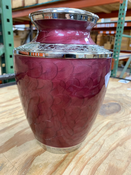 Adult Cremation Urn For Human Ashes - Brass Cremation Urn With Nickel Overlay and Red Burgundy Wine Enamel Design - Brass Urn, Adult - 200 cu. in.