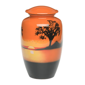 Adult Cremation Urn For Human Ashes - Red and Orange Brass Cremation Urn With Sunset Design - Adult Size - Red and Orange - 220 cu. in.