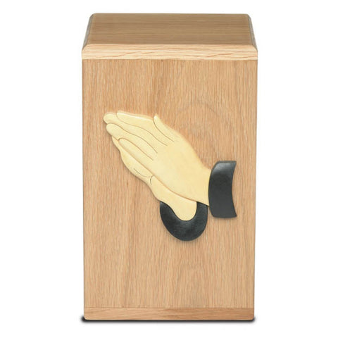 Adult Cremation Urn For Human Ashes - Solid Oak Cremation Urn With Praying Hands Design - Wood Urn, Handmade, Adult - 275 cu. in.